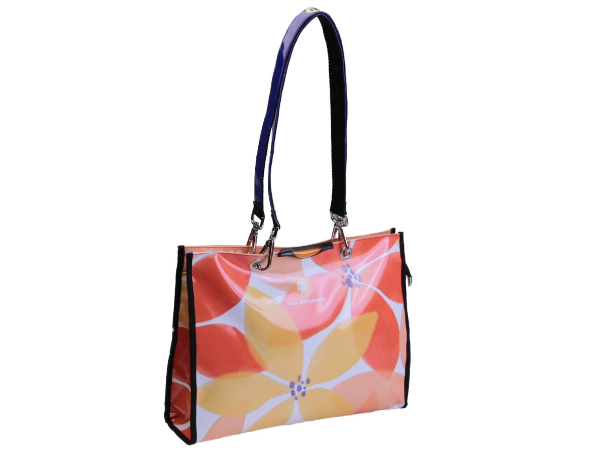 SHOPPER BAG WHITE AND ORANGE COLOURS FLORAL FANTASY. MODEL PEPE MADE OF LORRY TARPAULIN.
