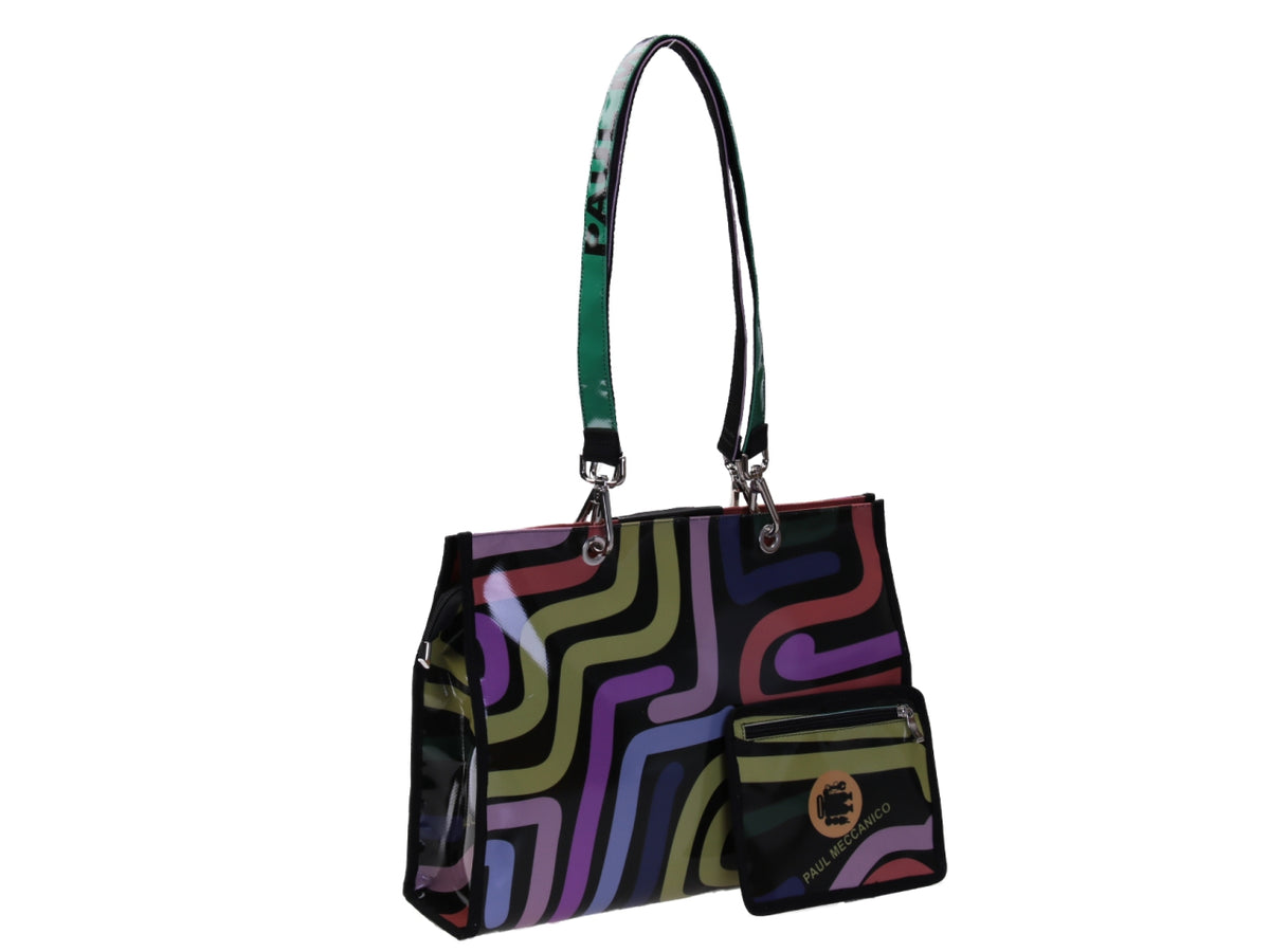 MULTICOLOR SHOPPER BAG WITH ABSTRACT FANTASY. MODEL PEPE MADE OF LORRY TARPAULIN.