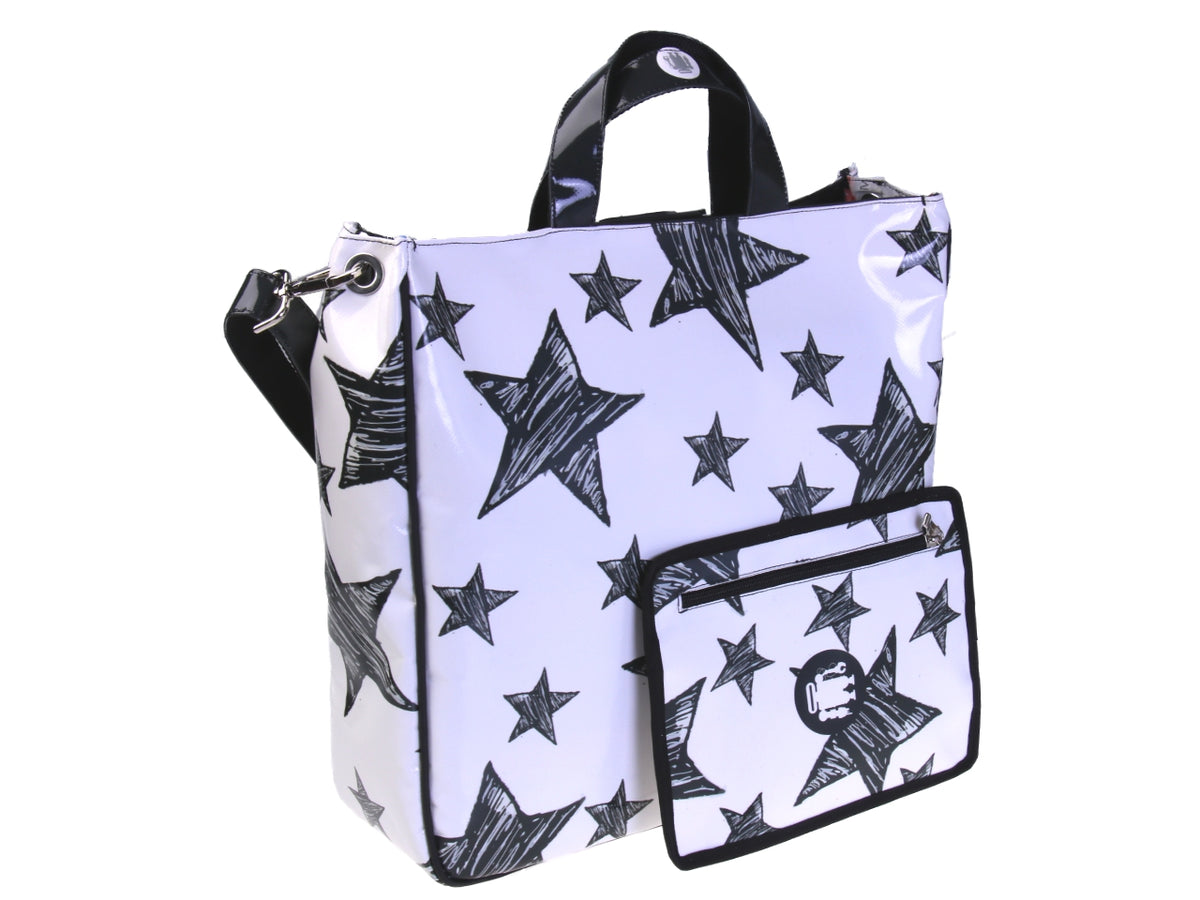 WHITE MAXI TOTE BAG &quot;STARS&quot;. MODEL AIRSTONE MADE OF LORRY TARPAULIN.