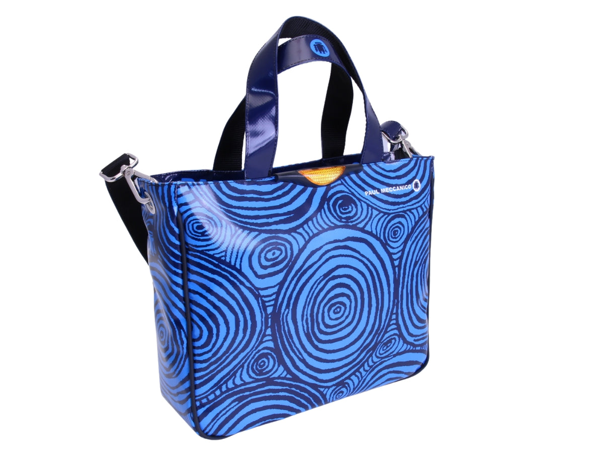 _ LIGHT BLUE TOTE BAG WITH CIRCLES FANTASY. MODEL GLAM MADE OF LORRY TARPAULIN.