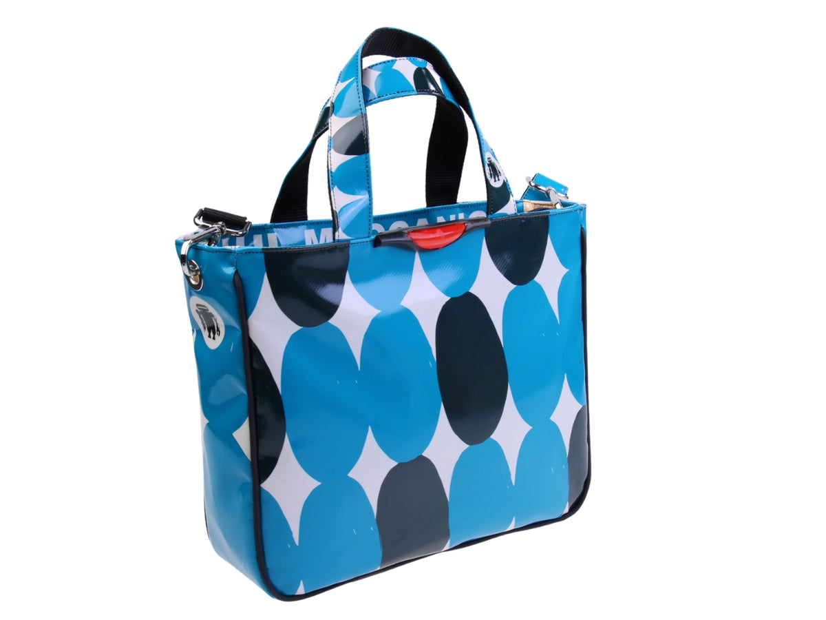 TOTE BAG WHITE AND BLUE WITH ABSTRACT FANTASY. MODEL GLAM MADE OF LORRY TARPAULIN.