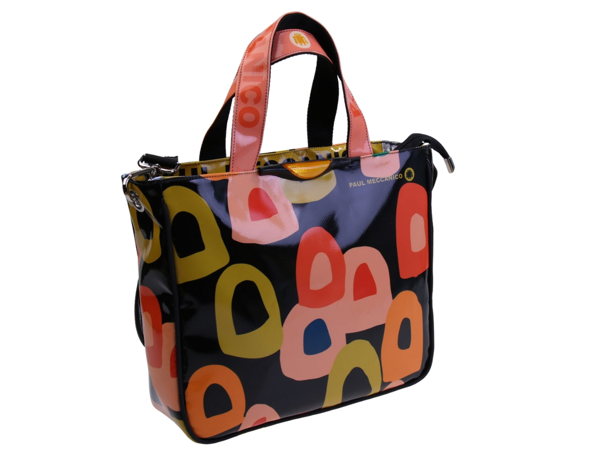 BLACK TOTE BAG WITH ABSTRACT FANTASY. MODEL GLAM MADE OF LORRY TARPAULIN.