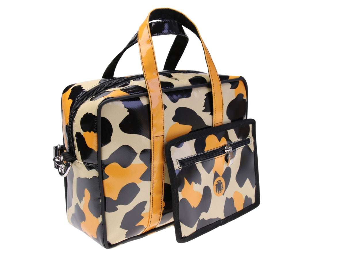 ....WOMEN&#39;S BAG BEIGE, BLACK AND YELLOW COLOURS WITH ANIMALIER FANTASY. MODEL PINCA MADE OF LORRY TARPAULIN.