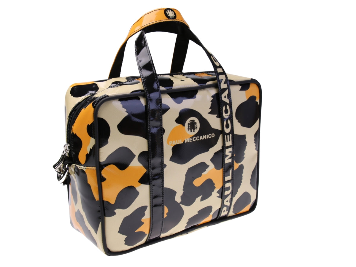 ....WOMEN&#39;S BAG BEIGE, BLACK AND YELLOW COLOURS WITH ANIMALIER FANTASY. MODEL PINCA MADE OF LORRY TARPAULIN.