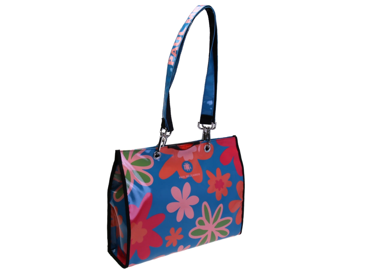 LIGHT BLUE SHOPPER BAG  WITH FLORAL FANTASY. MODEL PEPE MADE OF LORRY TARPAULIN.