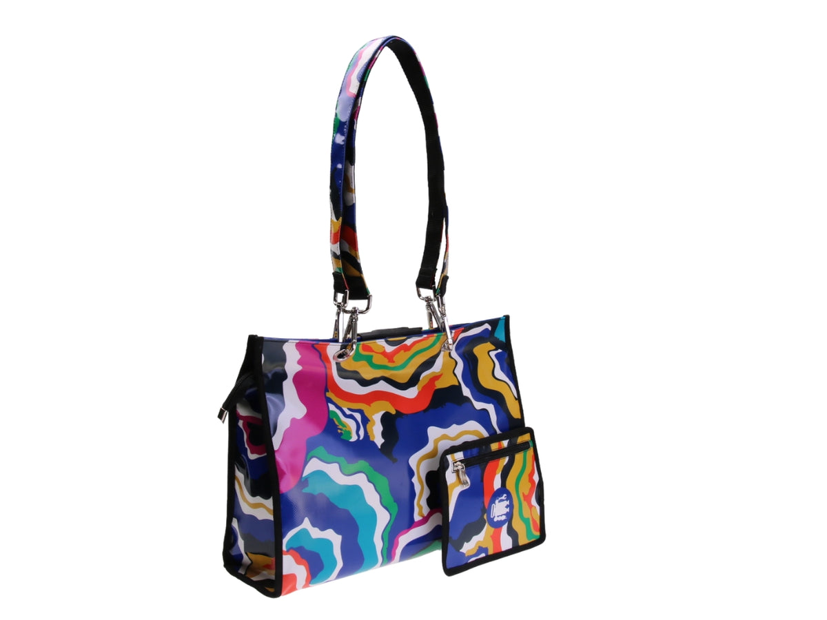 ...MULTICOLOR SHOPPER BAG WITH ABSTRACT FANTASY. MODEL PEPE MADE OF LORRY TARPAULIN.