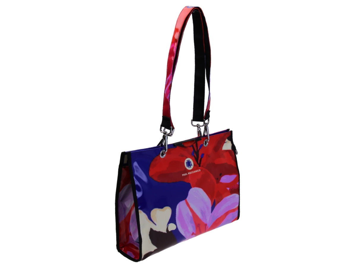 SHOPPER BAG RED, ROYAL AND LILAC COLOURS WITH FLORAL FANTASY. MODEL PEPE MADE OF LORRY TARPAULIN.