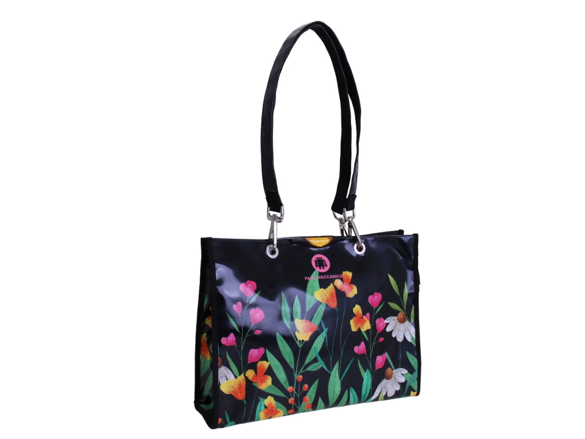 BLACK SHOPPER BAG WITH FLORAL FANTASY. MODEL PEPE MADE OF LORRY TARPAULIN.