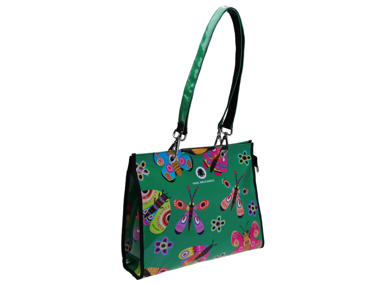 GREEN SHOPPER BAG WITH &quot;FLOWERS AND BUTTERFLIES&quot;. MODEL PEPE MADE OF LORRY TARPAULIN.