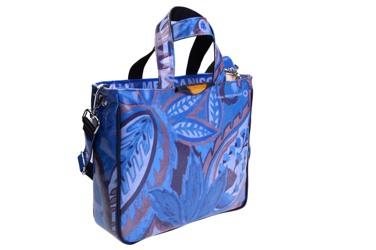 LIGHT BLUE TOTE BAG WITH FLORAL FANTASY. MODEL GLAM MADE OF LORRY TARPAULIN.