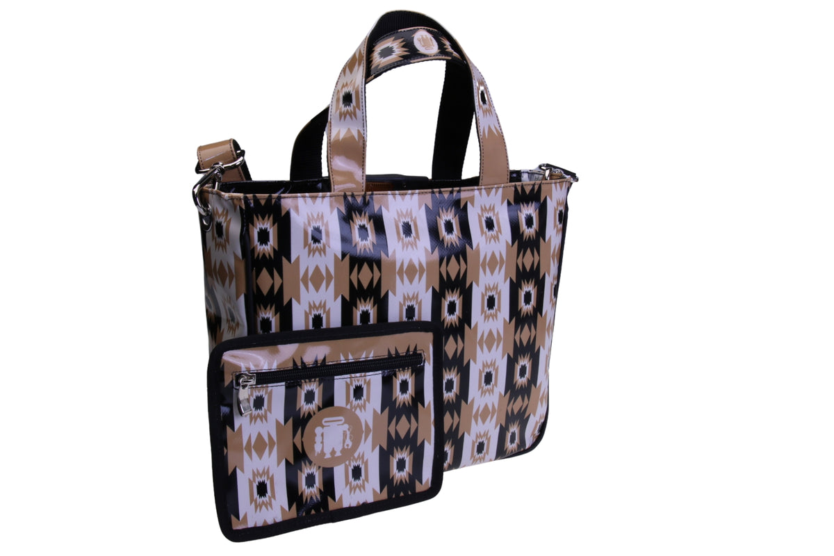 TOTE BAG BEIGE AND BLACK WITH ETHNIC FANTASY. MODEL GLAM MADE OF LORRY TARPAULIN.