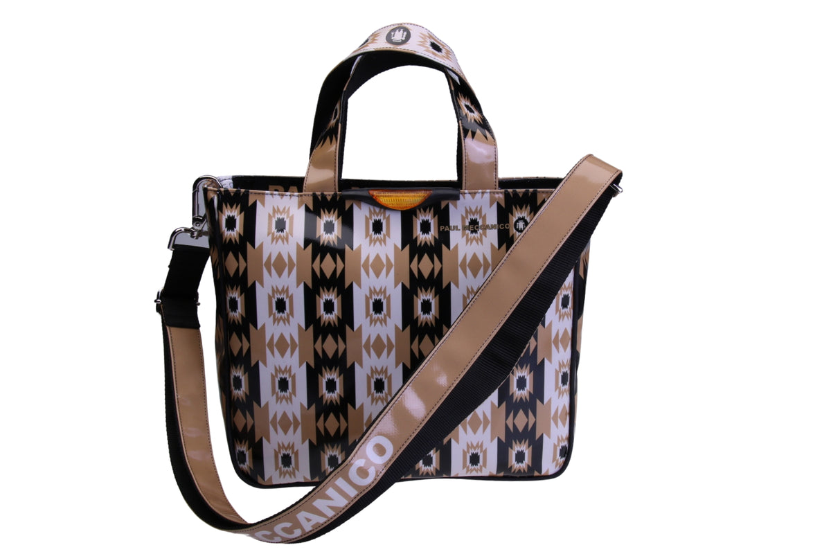 TOTE BAG BEIGE AND BLACK WITH ETHNIC FANTASY. MODEL GLAM MADE OF LORRY TARPAULIN.