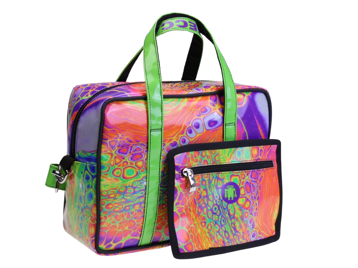 ....FLURESCENT RECTANGULAR WOMEN&#39;S BAG WITH TIE DYE FANTASY. MODEL PINCA MADE OF LORRY TARPAULIN.