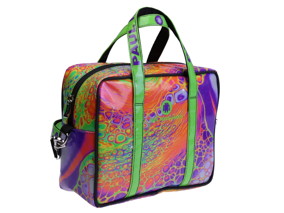 ....FLURESCENT RECTANGULAR WOMEN&#39;S BAG WITH TIE DYE FANTASY. MODEL PINCA MADE OF LORRY TARPAULIN.