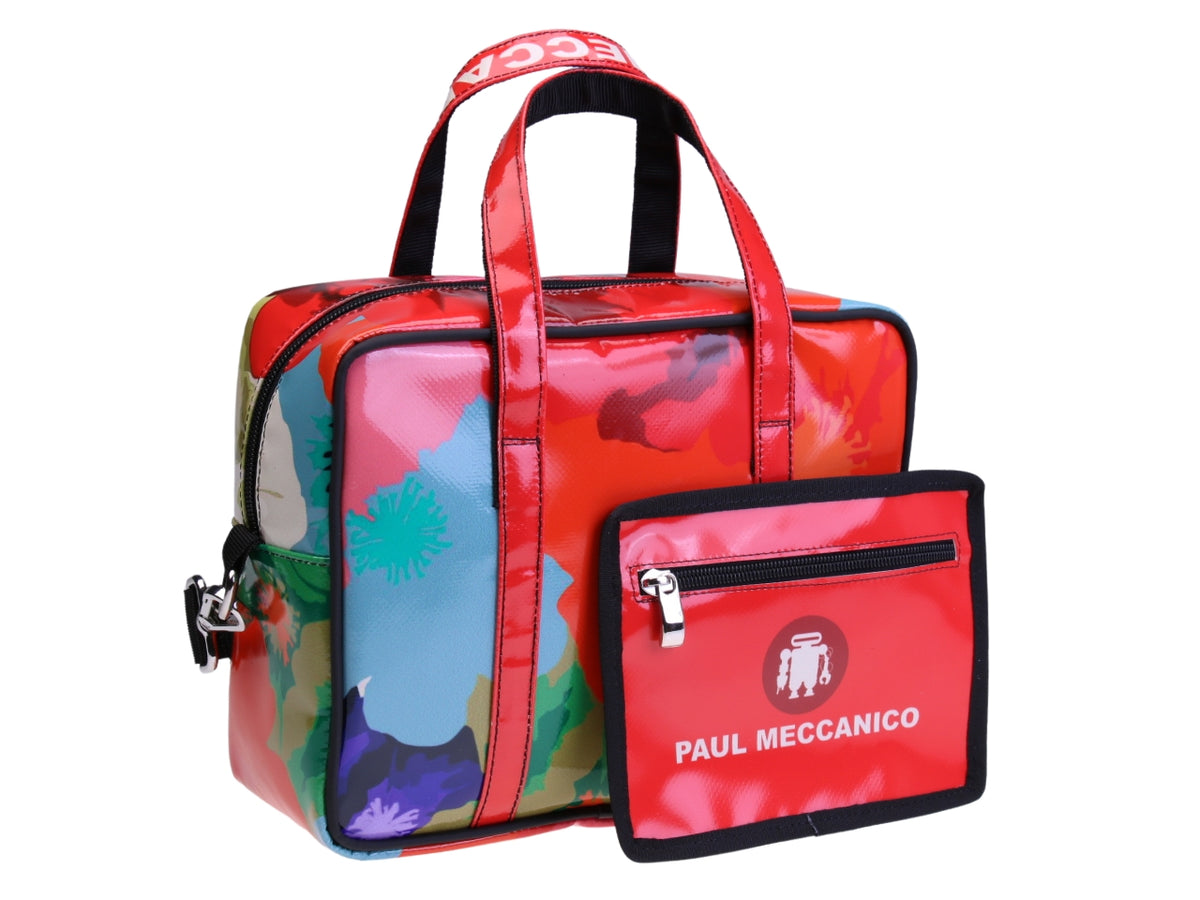 ....RED RECTANGULAR WOMEN&#39;S BAG WITH FLORAL FANTASY. MODEL PINCA MADE OF LORRY TARPAULIN.