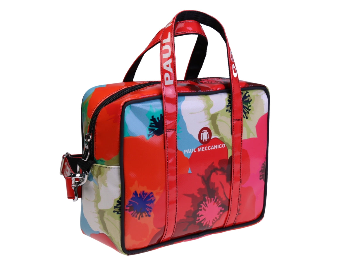 ....RED RECTANGULAR WOMEN&#39;S BAG WITH FLORAL FANTASY. MODEL PINCA MADE OF LORRY TARPAULIN.