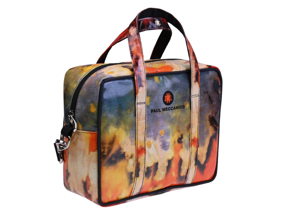 ....RECTANGULAR WOMEN&#39;S BAG WITH TIE DYE FANTASY. MODEL PINCA MADE OF LORRY TARPAULIN.