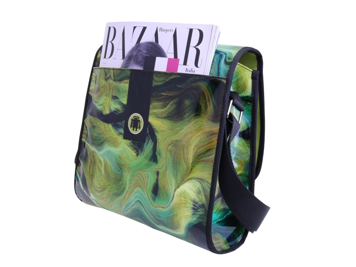 _ CROSSBODY BAG GREEN WITH TIE DYE FANTASY. MODEL BREAK MADE OF LORRY TARPAULIN.