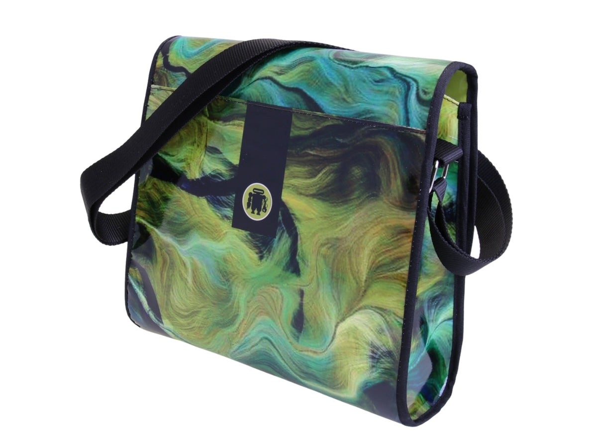 _ CROSSBODY BAG GREEN WITH TIE DYE FANTASY. MODEL BREAK MADE OF LORRY TARPAULIN.