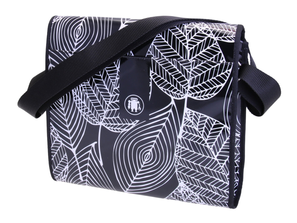 _ CROSSBODY BAG BLACK &amp; WHITE WITH FLORAL FANTASY. MODEL BREAK MADE OF LORRY TARPAULIN.