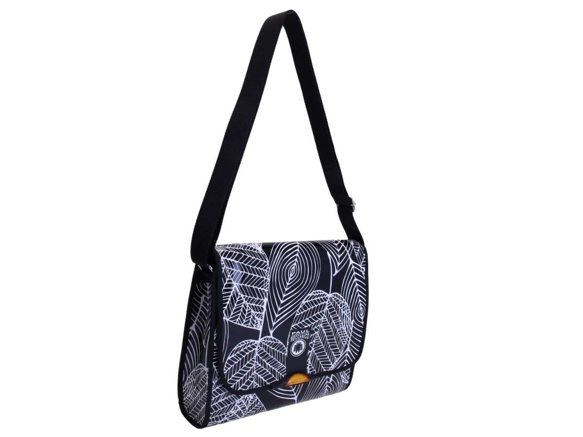 _ CROSSBODY BAG BLACK &amp; WHITE WITH FLORAL FANTASY. MODEL BREAK MADE OF LORRY TARPAULIN.