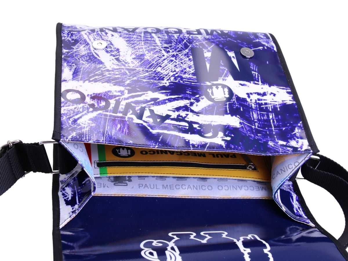 _ CROSSBODY BAG BLUE AND WHITE WITH GRAFFITI FANTASY. MODEL BREAK MADE OF LORRY TARPAULIN.