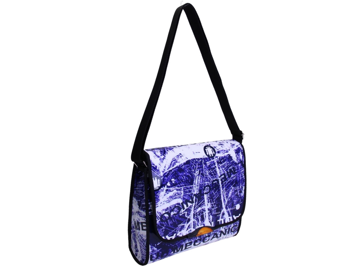 _ CROSSBODY BAG BLUE AND WHITE WITH GRAFFITI FANTASY. MODEL BREAK MADE OF LORRY TARPAULIN.