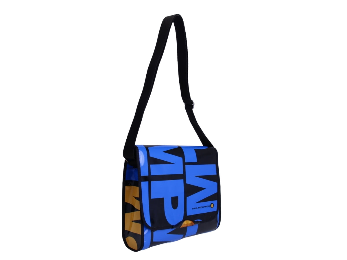 _ CROSSBODY BAG BLACK AND BLUE WITH LETTERING FANTASY. MODEL BREAK MADE OF LORRY TARPAULIN.