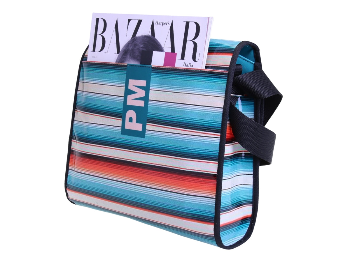 _ CROSSBODY BAG WITH PASTEL STRIPES. MODEL BREAK MADE OF LORRY TARPAULIN.