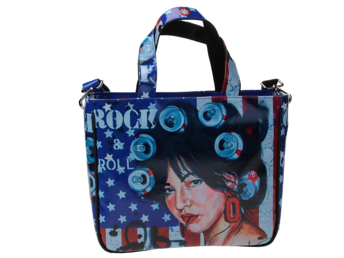 TOTE BAG &quot;ROCK &amp; ROLL&quot; DESIGNED BY BIANCA LEVER. MODEL GLAM MADE OF LORRY TARPAULIN.