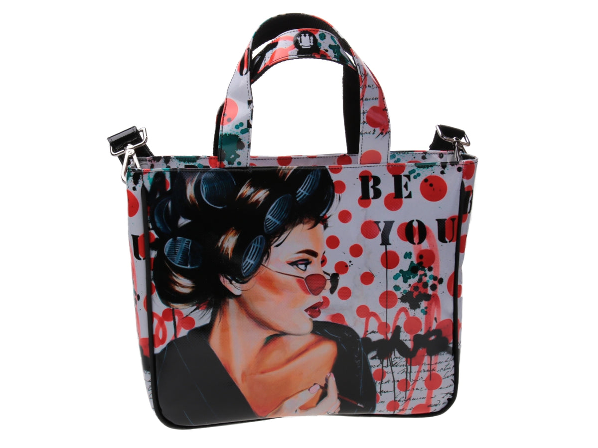 TOTE BAG &quot;BE YOU&quot; DESIGNED BY BIANCA LEVER. MODEL GLAM MADE OF LORRY TARPAULIN.