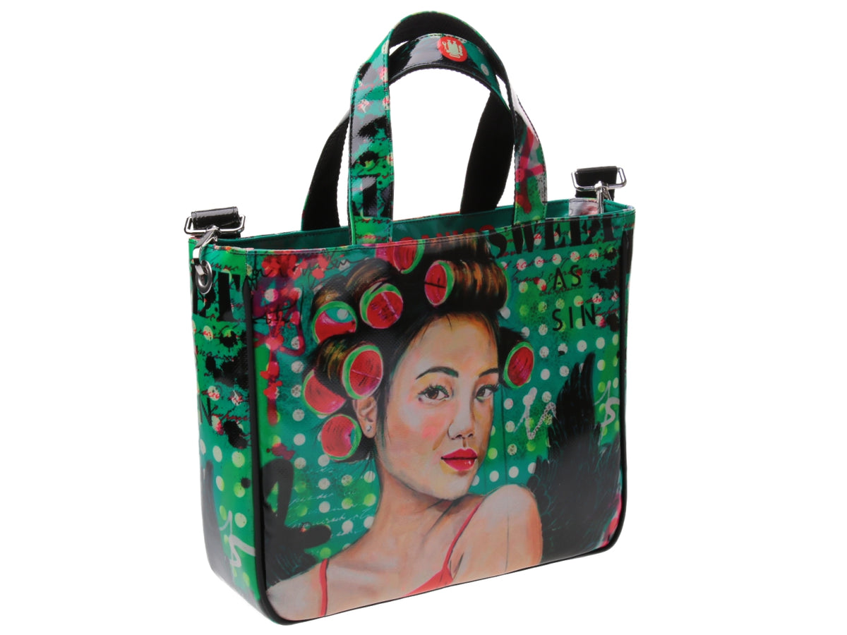 TOTE BAG &quot;SWEET AS SIN&quot; DESIGNED BY BIANCA LEVER. MODEL GLAM MADE OF LORRY TARPAULIN.