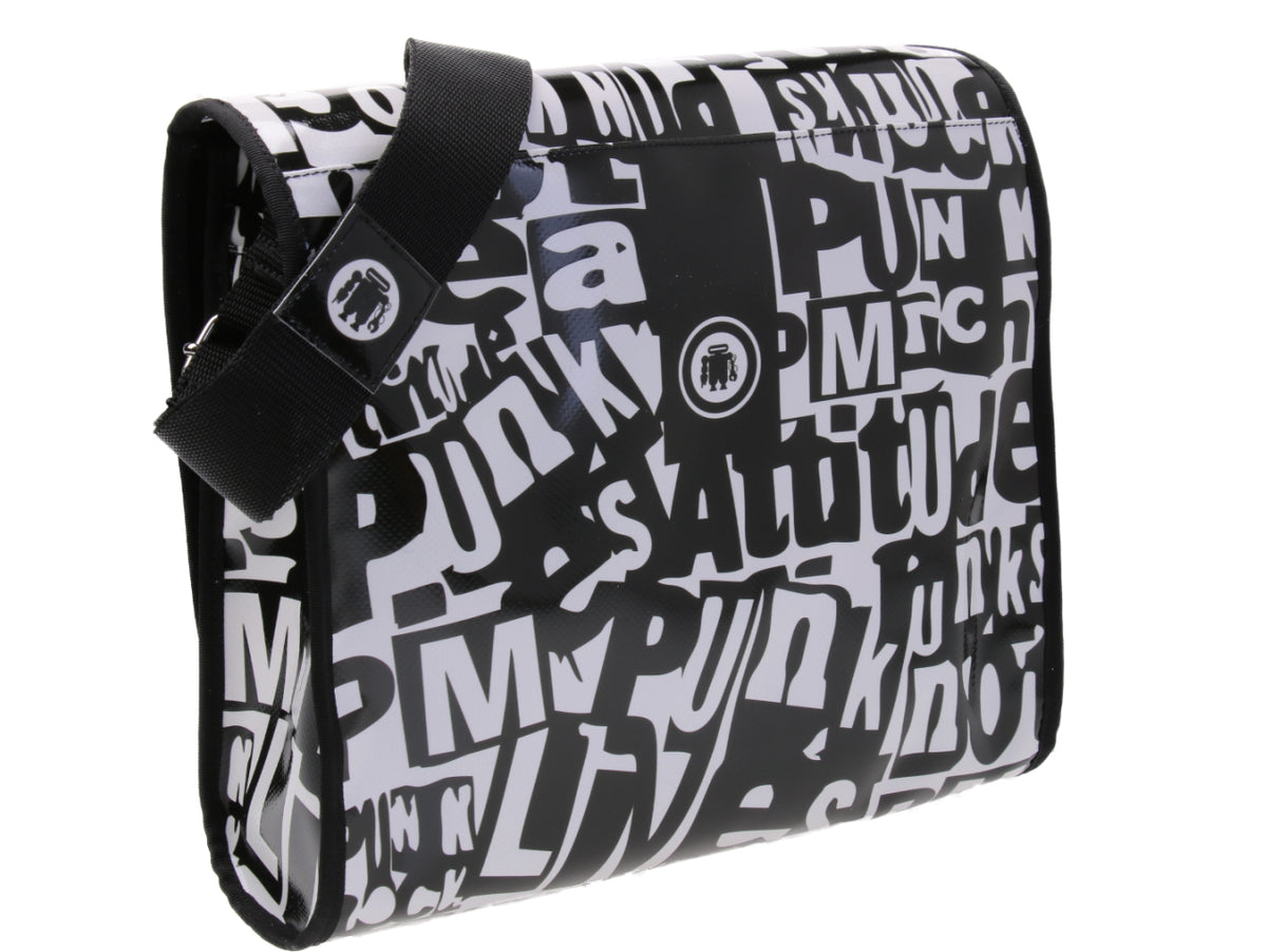 BLACK AND WHITE CROSSBODY BAG WITH LETTERING FANTASY. MODEL BREAK MADE OF LORRY TARPAULIN.