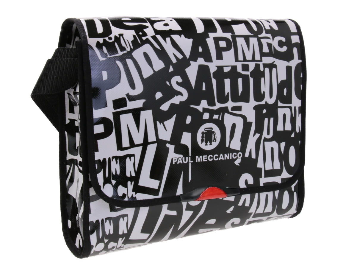 BLACK AND WHITE CROSSBODY BAG WITH LETTERING FANTASY. MODEL BREAK MADE OF LORRY TARPAULIN.