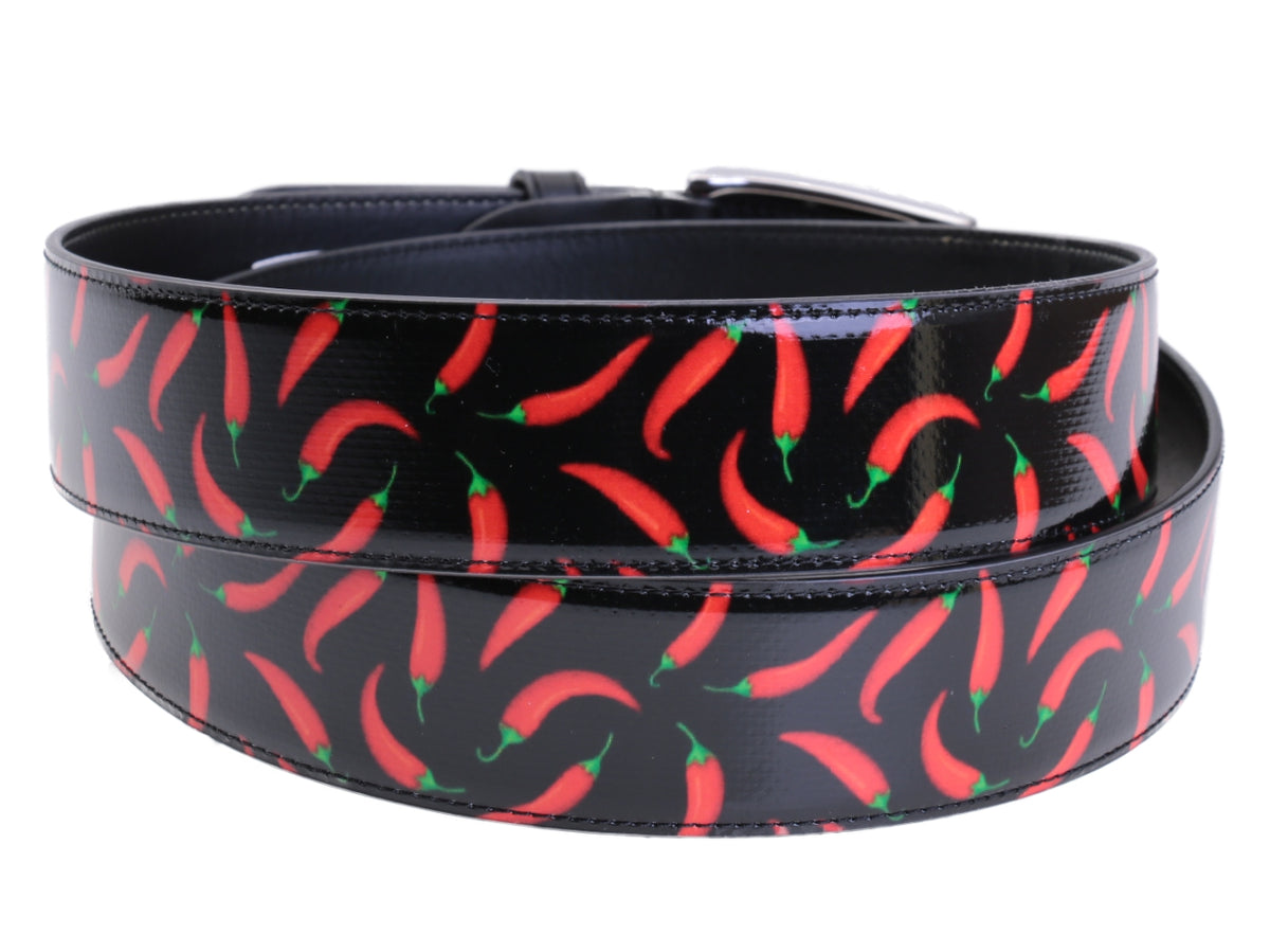BLACK MEN&#39;S BELT &quot;CHILI PEPPERS&quot; MADE OF LORRY TARPAULIN.