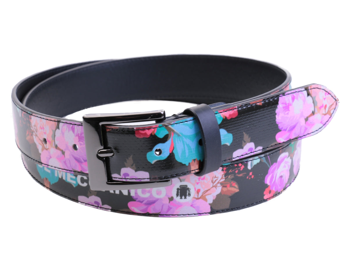 BLACK WOMEN&#39;S BELT WITH FLORAL FANTASY MADE OF LORRY TARPAULIN.