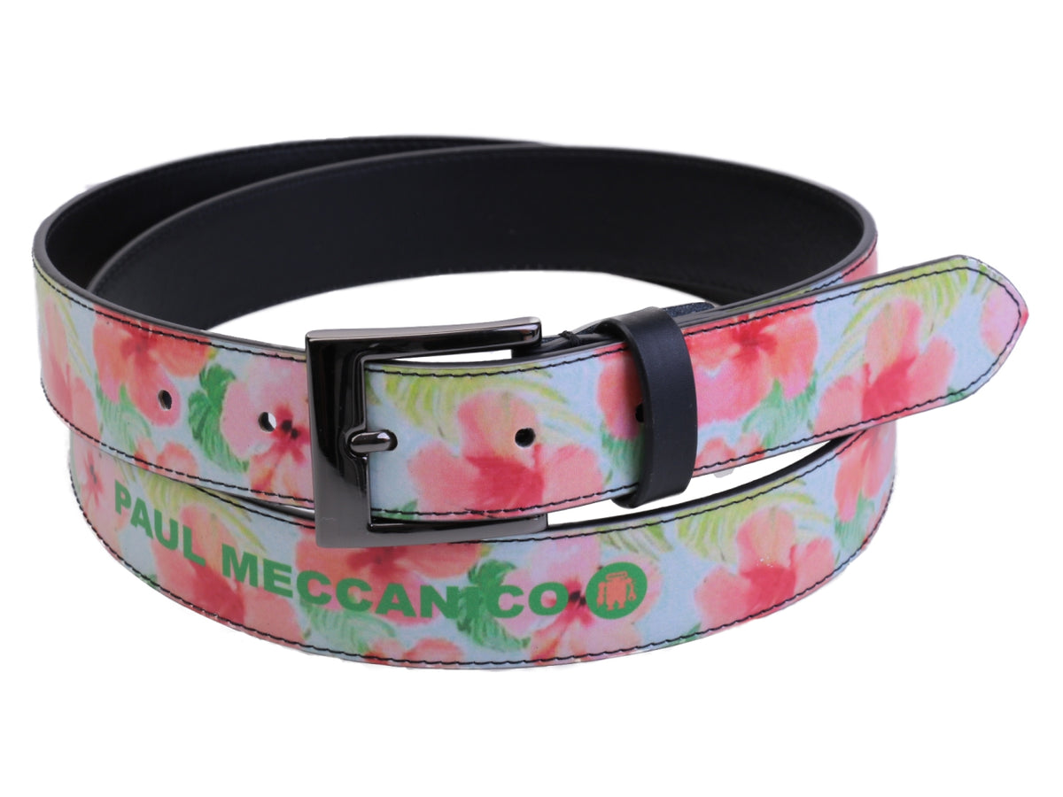 WHITE WOMEN&#39;S BELT WITH FLORAL FANTASY MADE OF LORRY TARPAULIN.
