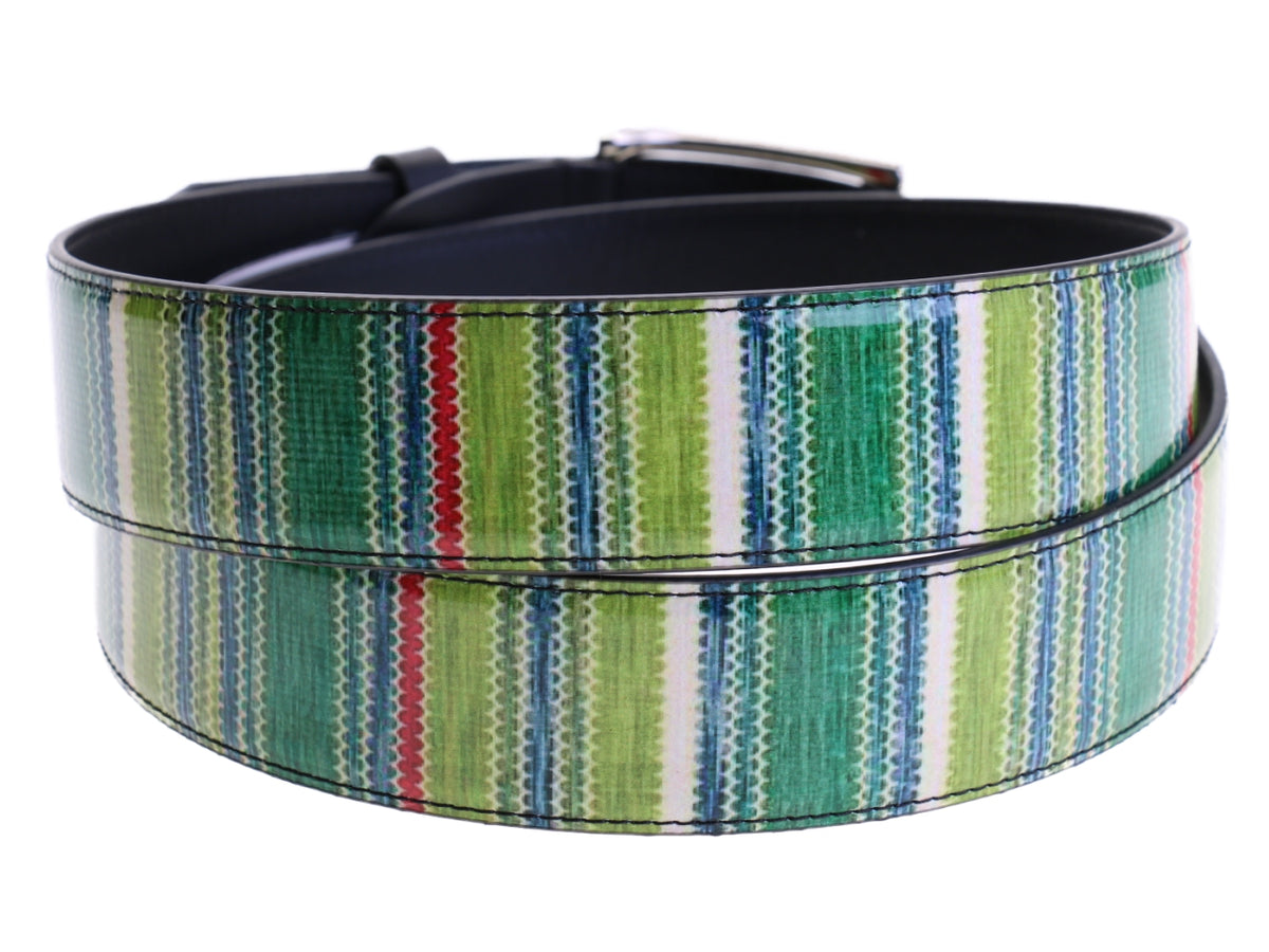 GREEN MEN&#39;S BELT WITH STRIPED PATTERN MADE OF LORRY TARPAULIN.