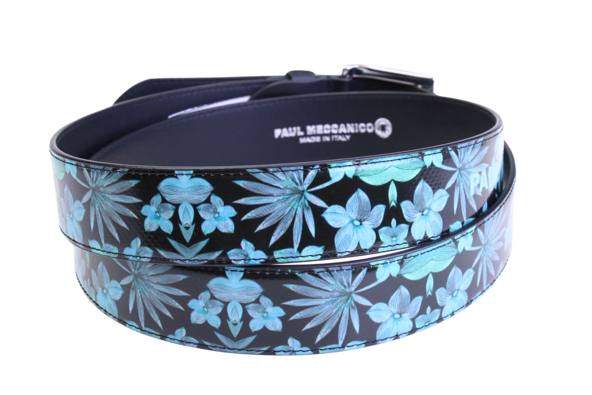 BLACK MEN&#39;S BELT WITH FLORAL FANTASY MADE OF LORRY TARPAULIN.