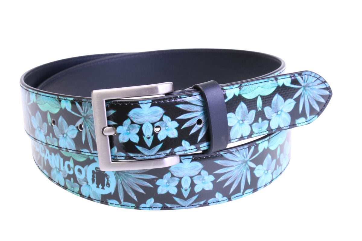 BLACK MEN&#39;S BELT WITH FLORAL FANTASY MADE OF LORRY TARPAULIN.