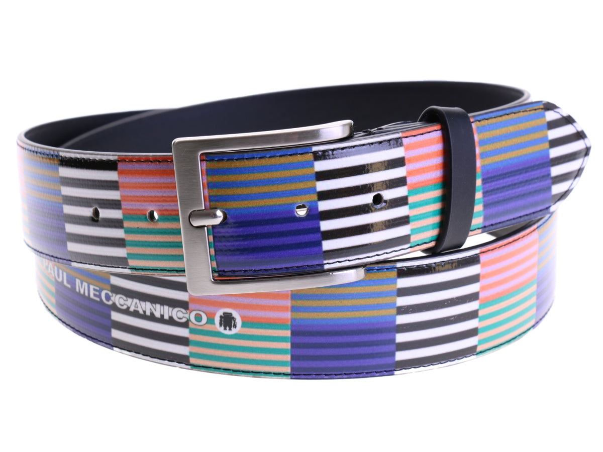 MEN&#39;S BELT WITH MULTICOLOR STRIPED MADE OF LORRY TARPAULIN.