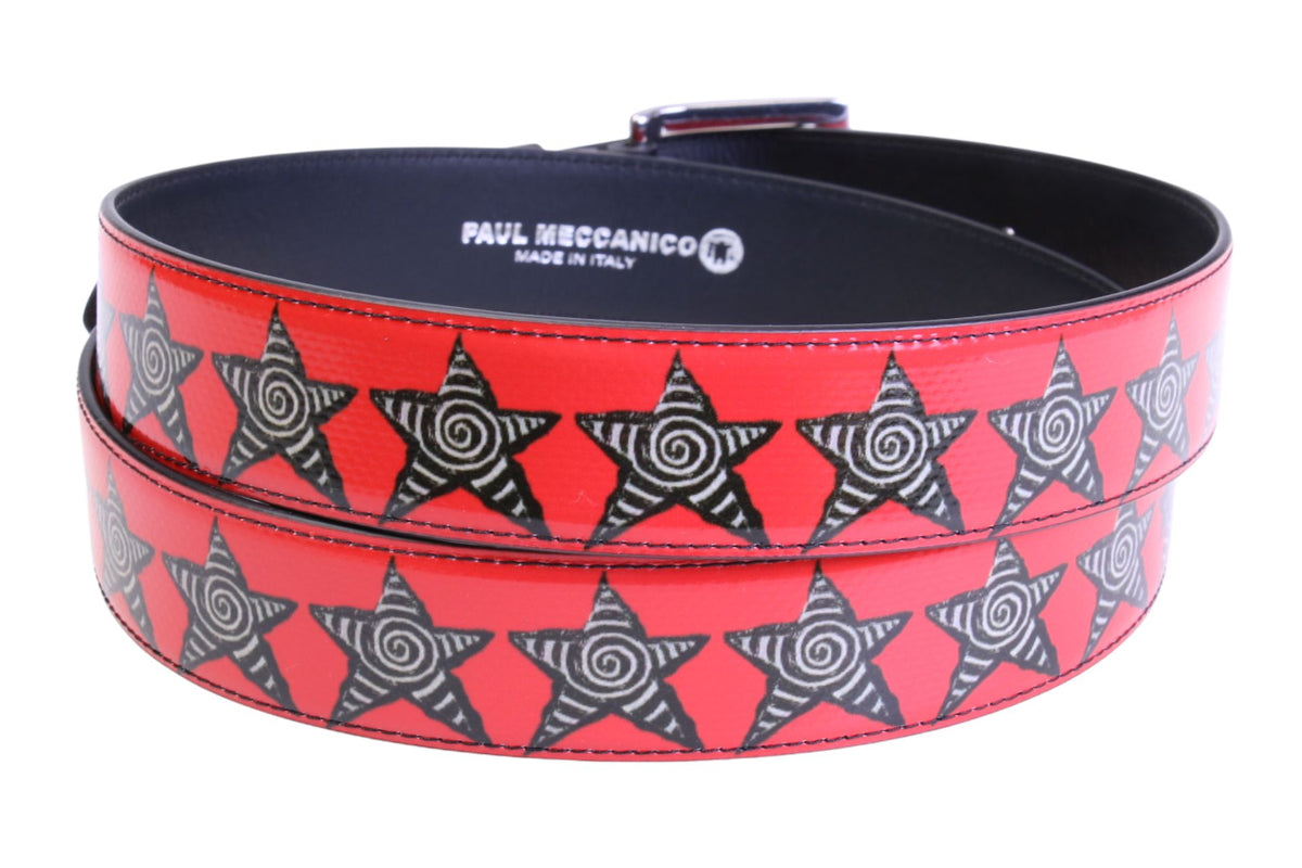 RED MEN&#39;S BELT &quot;STARS&quot; MADE OF LORRY TARPAULIN.