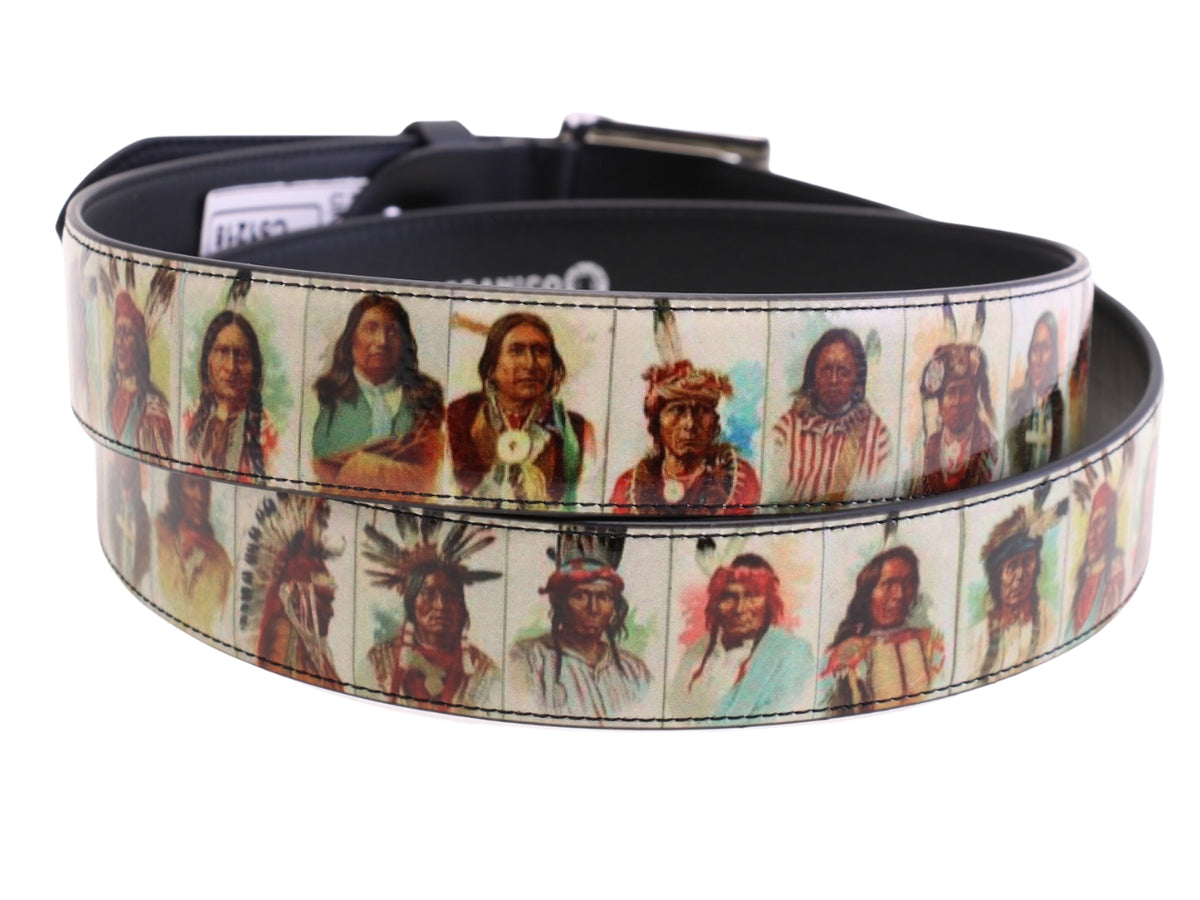 -BEIGE MEN&#39;S BELT &quot;AMERICAN INDIANS&quot; MADE OF LORRY TARPAULIN.