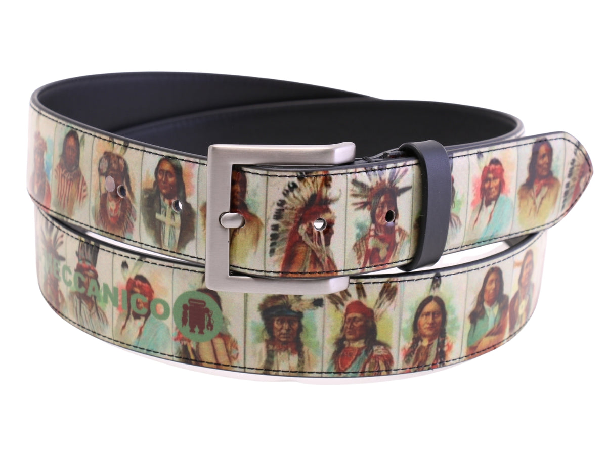 -BEIGE MEN&#39;S BELT &quot;AMERICAN INDIANS&quot; MADE OF LORRY TARPAULIN.