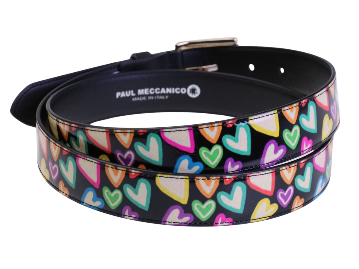 .BLACK WOMEN&#39;S BELT WITH &quot;MULTICOLOR HEARTS&quot; MADE OF LORRY TARPAULIN.