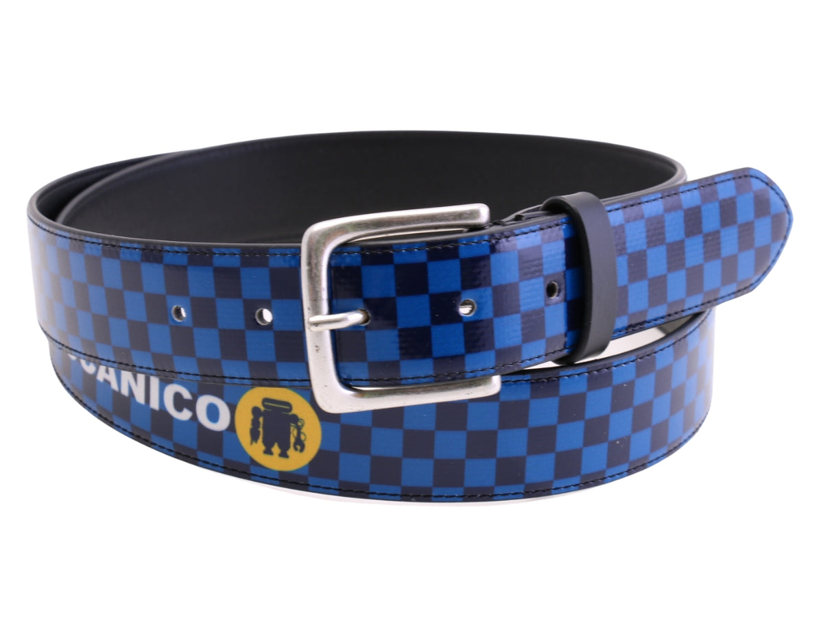 -BLUE MEN&#39;S BELT WITH &quot;GRAND PRIX STYLE&quot; MADE OF LORRY TARPAULIN.