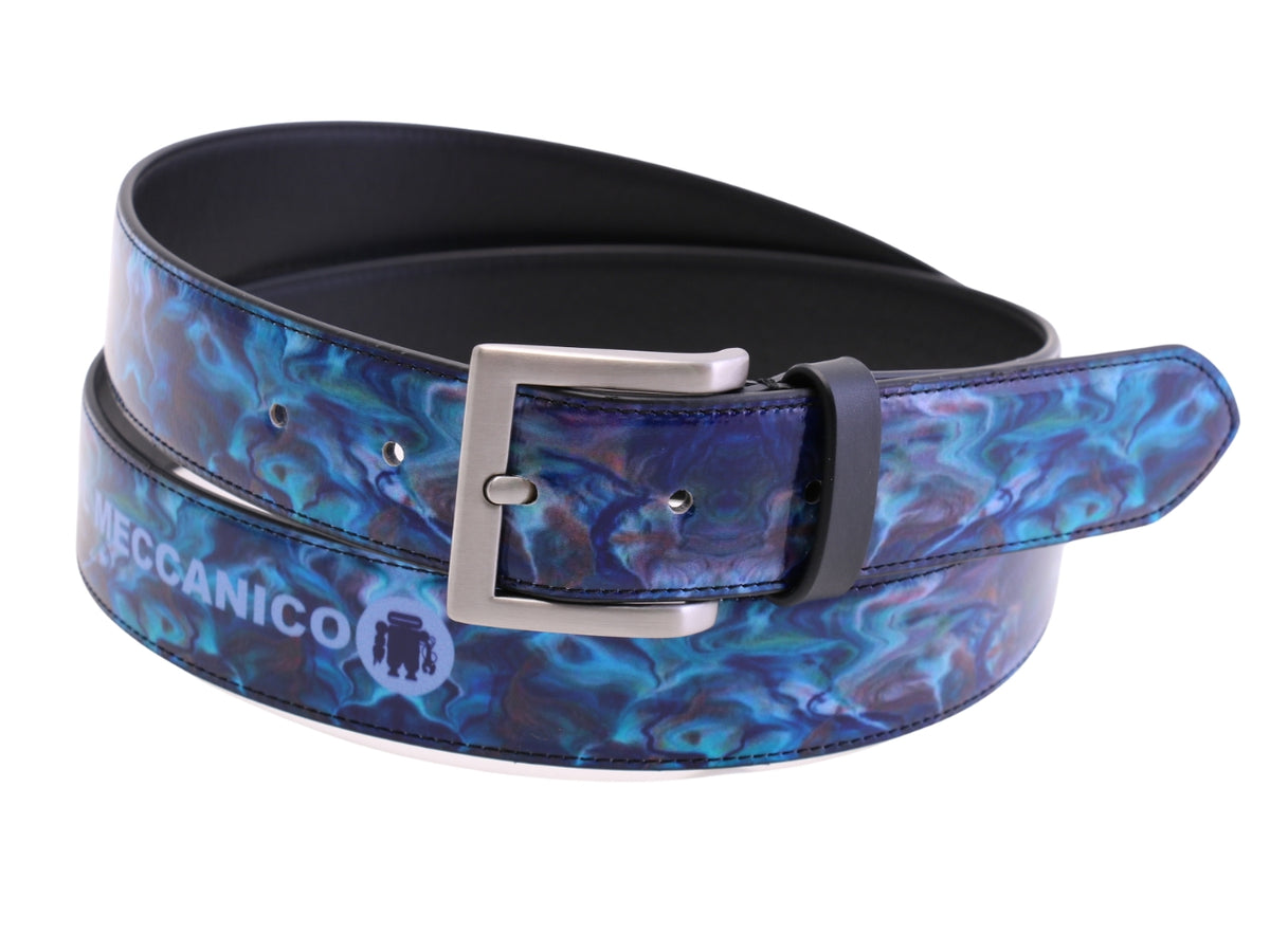 -BLUE MEN&#39;S BELT WITH TIE DYE FANTASY MADE OF LORRY TARPAULIN.