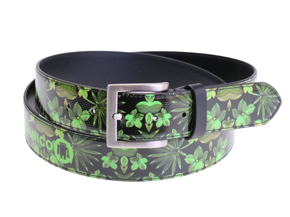 ....BLACK MEN&#39;S BELT WITH FLORAL FANTASY MADE OF LORRY TARPAULIN.