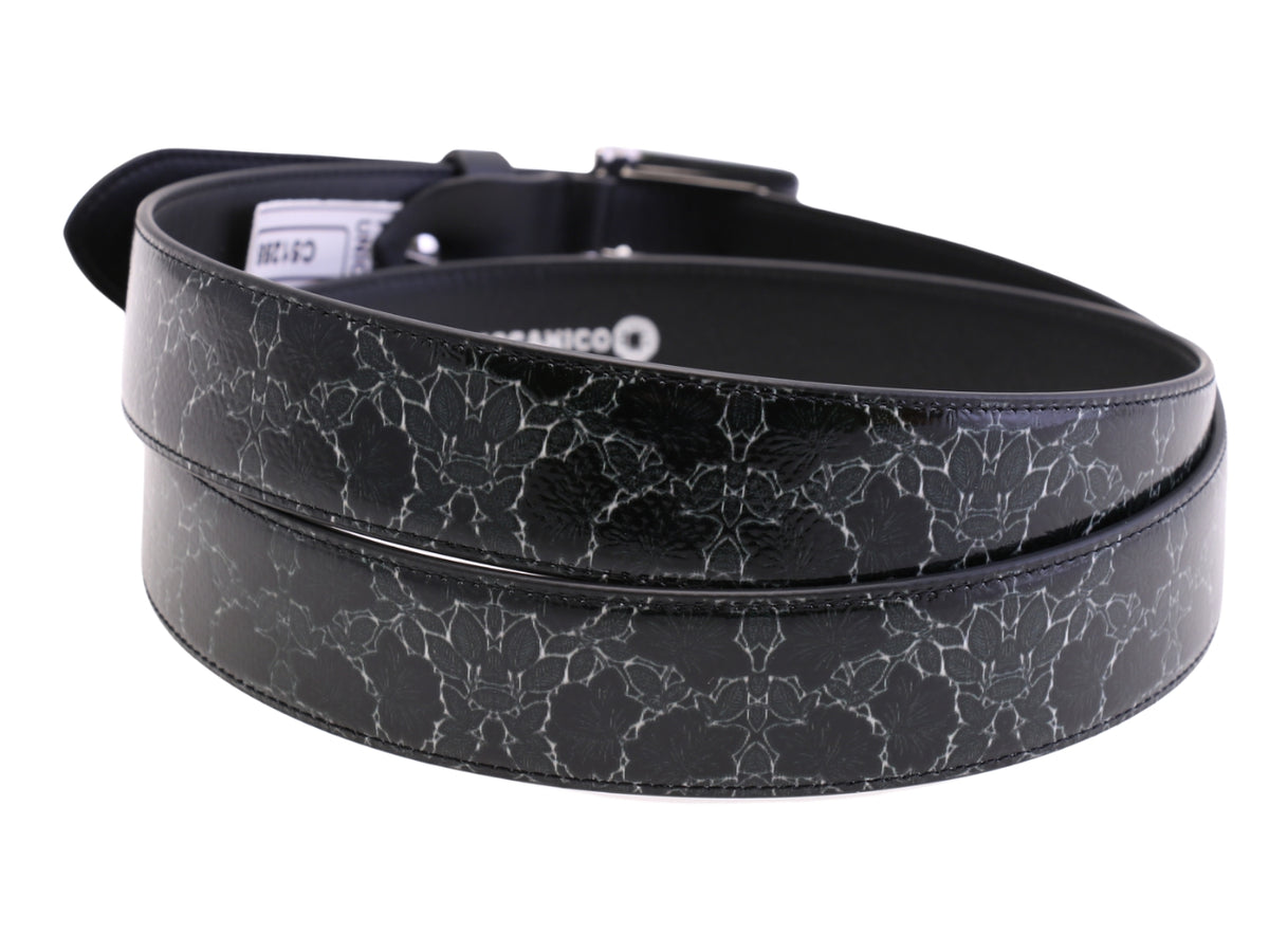 -BLACK MEN&#39;S BELT WITH FLORAL FANTASY MADE OF LORRY TARPAULIN.