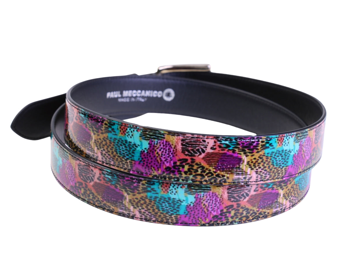 .MULTICOLOR WOMEN&#39;S BELT WITH ANIMALIER FANTASY MADE OF LORRY TARPAULIN.